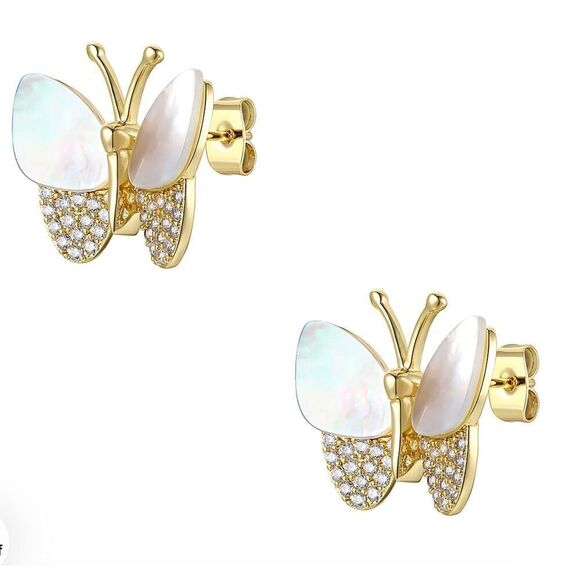RACHEL GLAUBER Earrings 14k Gold Plated Mother Of Pearl Cubic Zirconia Butterfly - Picture 1 of 9